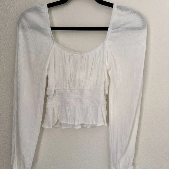 White V Neck Long Sleeves Cropped Top XS - Coquette Boho Essential - Picture 4 of 10